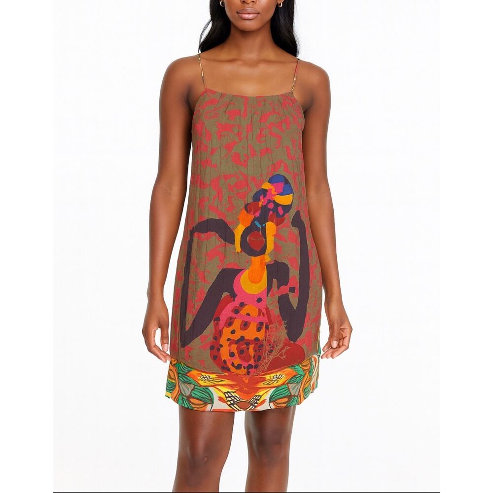Desigual Rare Pleated Shift Dress Small Colorful Abstract Art to Wear